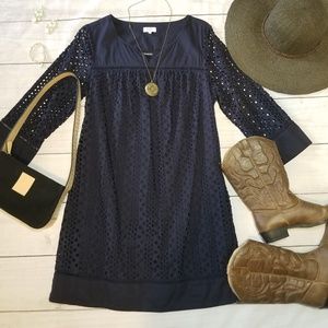 Crown & Ivy | 100% Cotton Navy Eyelet Dress